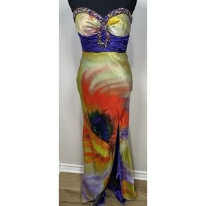 Nina Carraci Strapless Beaded Y2K Prom Gown Floral Psychedelic Mermaid Dress 0‎